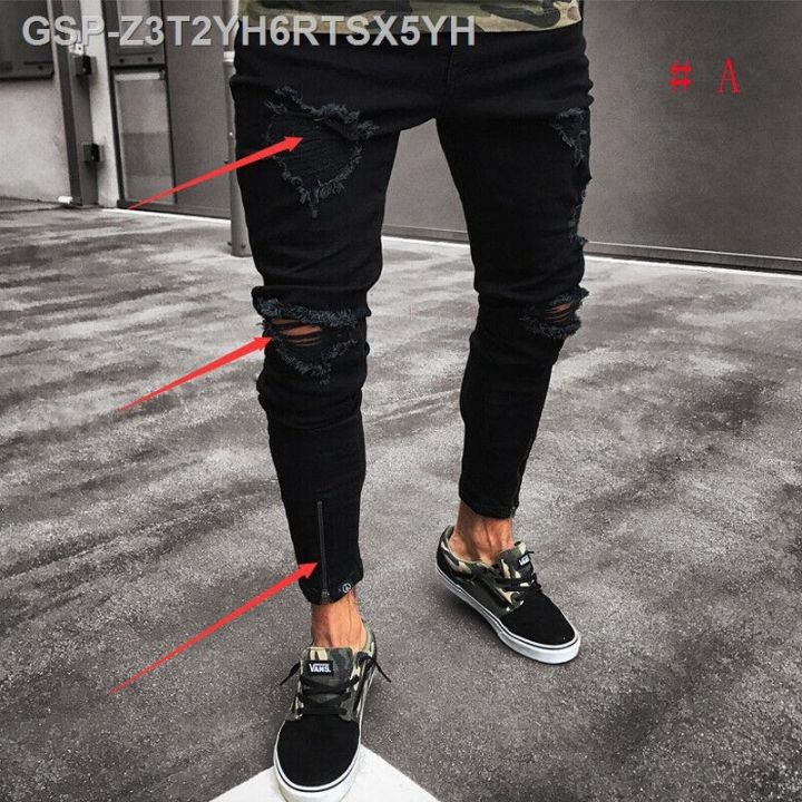 กางเกงยืดฮิปฮอปของผู้ชายกางเกงยีนส์ขาดรัดรูปกางเกงยีนส์สีดำถูกทำลายสำหรับผู้ชายมีรู