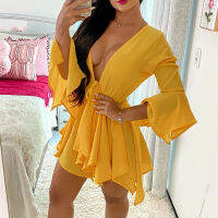 Fashion Women Sexy Casual Two-piece Set Suit Sets Solid Deep V Long Sleeeve Tied Top &amp; Shorts Set