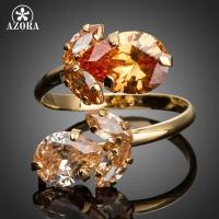 AZORA Gold Color Double Flowers Champagne Cubic Zirconia Waterdrop Adjustable Size Ring TR0141