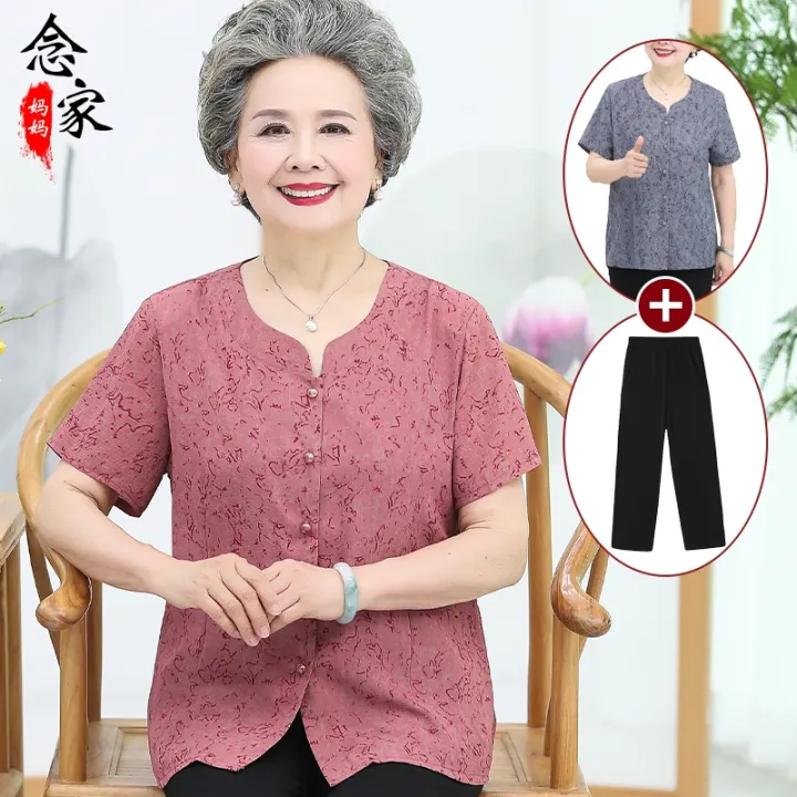 blouses women new style 2023 women's blouses Short sleeve shirt grandma  outfit suits summer female among senior citizens on 6070-80 - year - old  mother Mrs Clothes T-shirt | Lazada PH