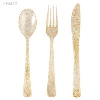 ✁ Gold Powder Transparent Disposable Tableware Set Knife Fork Spoon Happy Birthday Party Decor Kids Adults Wedding Party Supplies