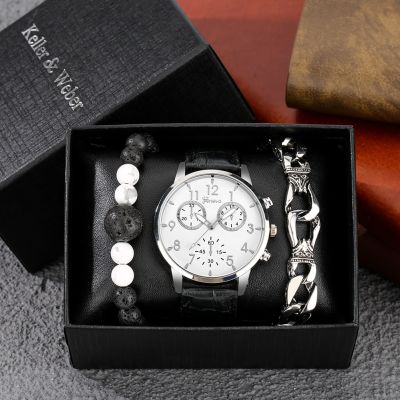 Fashion Mens Watch Gift Set with Box Leather Quartz Watch 2Pcs Bracelets Valentines Day Present for Boyfriend Husband reloj
