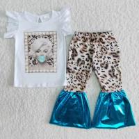 Wholesale Baby Girl Bubble Infant Ruffle Top Leopard Bell Bottom Blue Pant Kids Outfit Spring Fall Set Clothes Children Clothing