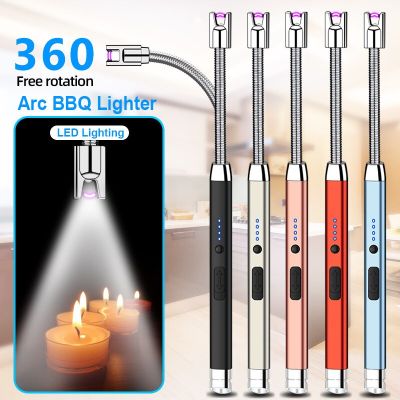 Survival kits New Metal Long Elbow Lighter Type-C Charging Port Electronic Lighter With LED Lighting Arc Ignition Indoor Kitchen Candle Survival kits