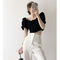 Black flower one shoulder clavicle top female senior sense summer French spice off-the-shoulder shirt INS