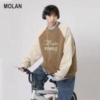 MOLAN เสื้อคู่รักแนววินเทจของผู้ชายเสื้อคู่แนวเสื้อกีฬาคอกลมลายทางสีตัดกันแบบอเมริกัน