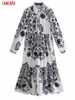 Tangada 2022 Fashion Women Flowers Print Shirt Dress Long Sleeve Office Ladies Midi Dress XN82