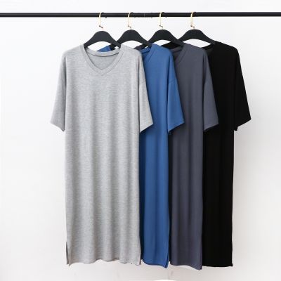 Modal Pajamas Home Clothes Mens Short-sleeved V-neck Mid-length One-piece Nightgown Loose Large Size Mens Cotton Bathrobe