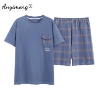 Mens L-5XL Summer Cotton Homesuit Fashion Elegant Plaid Pants Shorts Pajamas Set for Man Leisure Sleepwear Boys Pullover Pijamas