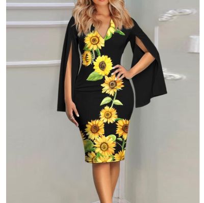 ∈◐⊙ New Women Shift Dress Fashion Long Sleeve Floral Print Dress Summer V Neck Casual Knee Length Dress