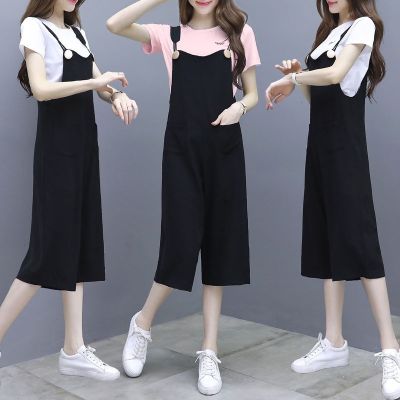 จั๊มสูทผู้หญิงสไตล์เกาหลี,กางเกงสายเอี๊ยมขนาดใหญ่พิเศษขายาวแฟชั่นสำหรับผู้หญิงชุดเอี๊ยมลำลองแขนสั้น