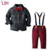 2022 Autumn New Kids Gentleman Formal Party Suit Baby Boys Dress Tie Plaid Shirts Pants Three-piece Childrens Clothes 0-7 Years