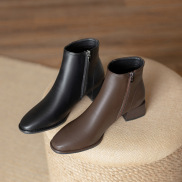 Giày boot nữ cổ ngắn màu ĐEN NÂU đế thấp 4cm MŨI VUÔNG đơn giản thoải mái
