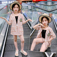 2021 Child office Clothing autmn Patchwork striped jacket + vest shirt + Girl short pants Teenager fashion 8 10 12 14 Years