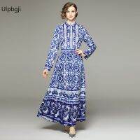 European and American Fashionable Ocean Blue Oversized Swing Printed Dress