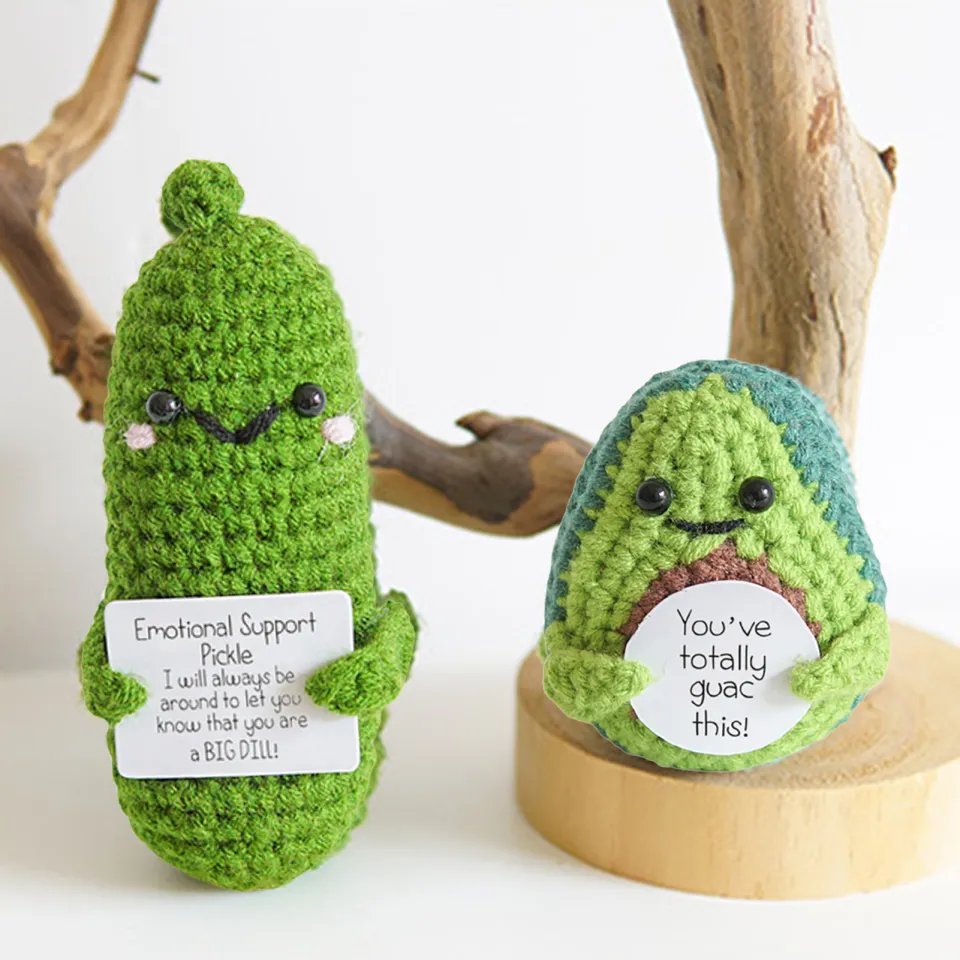 Handmade Green Smiling Stuffed Friendship Emotional Support Pickle Knit  Cucumber