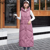 Windriel Warm Long Waistcoat For Autumn Winter Cotton Vest Coat Snow Wear Women Solid Hooded Sleeveless Jackets Outwear Female