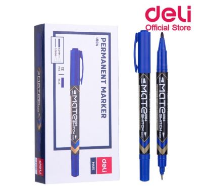 ปากกาเคมี ปากกาเขียนแผ่นซีดี แบบ 2 หัว สีน้ำเงิน (แพ็คกล่อง 12 แท่ง) Deli U10430 Marker Pen ปากกามาร์คเกอร์