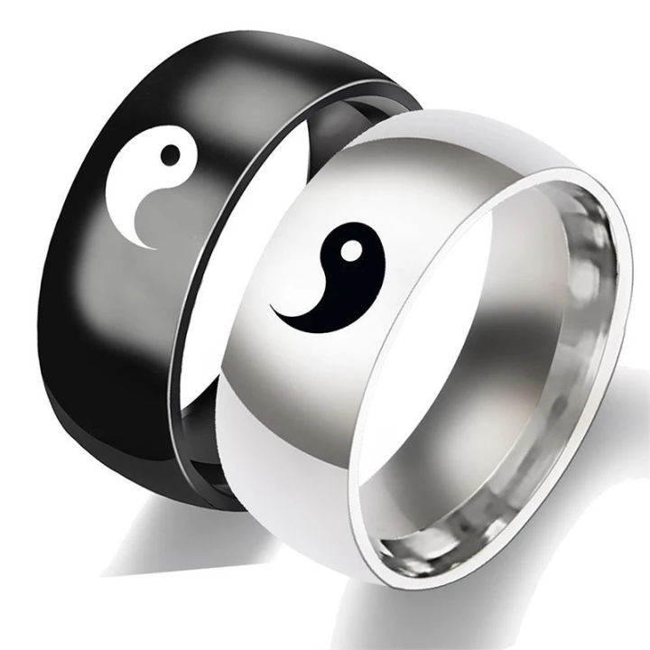 ilovediy-แหวนคู่รักทำจากเหล็กไทเทเนียมสีขาวและดำสำหรับผู้หญิงและผู้ชายแหวนเครื่องประดับเหล็กชุบสแตนเลส