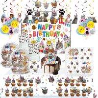 【JIU YU】♦  Pet Cat Tema Descartável Talheres Set Copo Prato Palha Favor das crianças Balões Decoração Happy Birthday Party Supplies Bonito