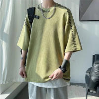 Waffle Short Sleeve Mens 2022 Summer Ins Fashion Brand T-Shirt Mens Design Sense Niche Small Neckline 3/4 Sleeve