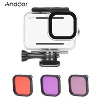 Andoer เคสกล้องแอคชั่นกันน้ำ + ชุดตัวกรองสีแดงสีชมพูสีม่วงสำหรับ GoPro Hero 9 GoPro Hero 10ดำน้ำโต้คลื่นดำน้ำตื้น