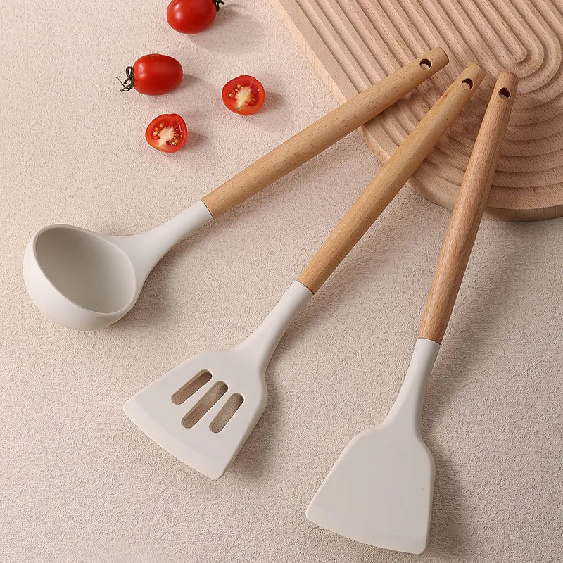 Carote Wooden Handle Silicone Kitchen Utensils Turner/ Ladle /Spoon  /Slotted Turner Food Grade Silicone Suitable For Non Stick Cookware【1PC】