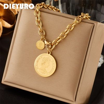 【CW】DIEYURO 316L Stainless Steel Gold Color Hip Hop Round Portrait Coin Necklace For Women Men Fashion Trend Girl Jewelry Gift Joyas