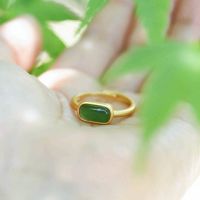 T-B Hetian Jade Jasper แหวนสตรี14K Gold Plated Simple Classic เปิดแหวนปรับได้เครื่องประดับของขวัญสำหรับผู้สูงอายุ