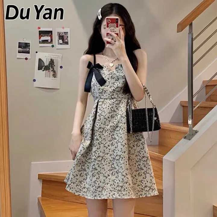 Du Yan ชุดเดรสสำหรับสตรี,ชุดเดรสกระโปรงทรงเอไลน์เปิดไหล่เดรสพิมพ์ลายแขน