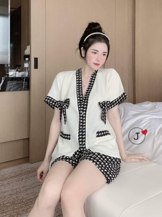 Đồ Bộ Pijama Nữ Tiểu Thư Kimono Tay Cộc Quần Đùi Họa Tiết Phối Nơ , Bộ