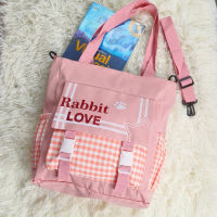 bangkokshop(B1915) กระเป๋าผ้าRabbit LOVEสะพายไหล่/สะพายข้างผ้าไนล่อนลายตาราง