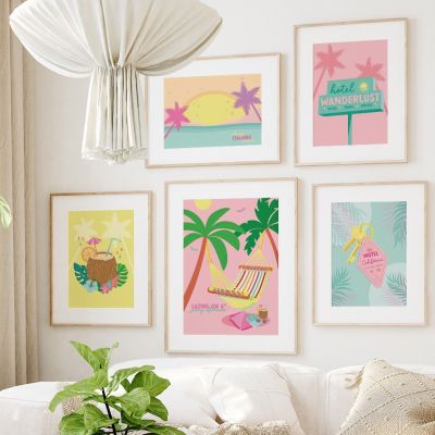 ค็อกเทลมะพร้าว Tropical Summer Beach พิมพ์โปสเตอร์ Retro Abstract Wall Art ภาพวาดผ้าใบภาพ-ตกแต่งยอดนิยมสำหรับตกแต่งห้องนั่งเล่น
