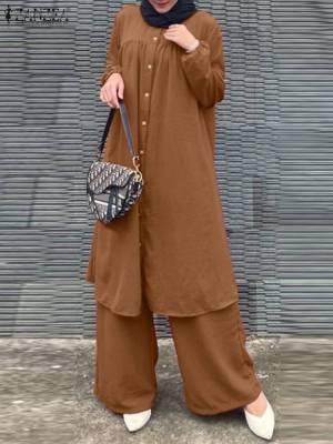 Zanzea ชุดมุสลิม2ชิ้นเสื้อแขนยาวผู้หญิง abaya เสื้อแขนยาวและกางเกงขากว้างชุดลำลองชุดวอร์มฤดูใบไม้ร่วงปี2023