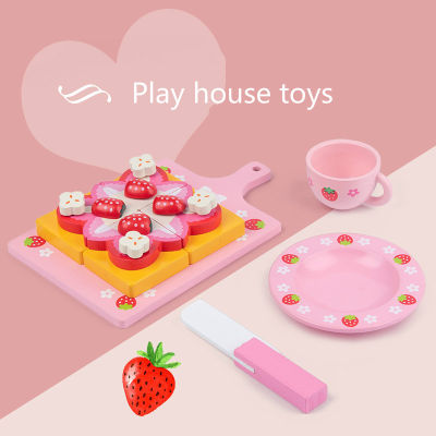 Childrens Play House Pink Strawberry Pizza Vegetable and Fruit Simulation Afternoon Tea Tableware Wooden Educational Toys