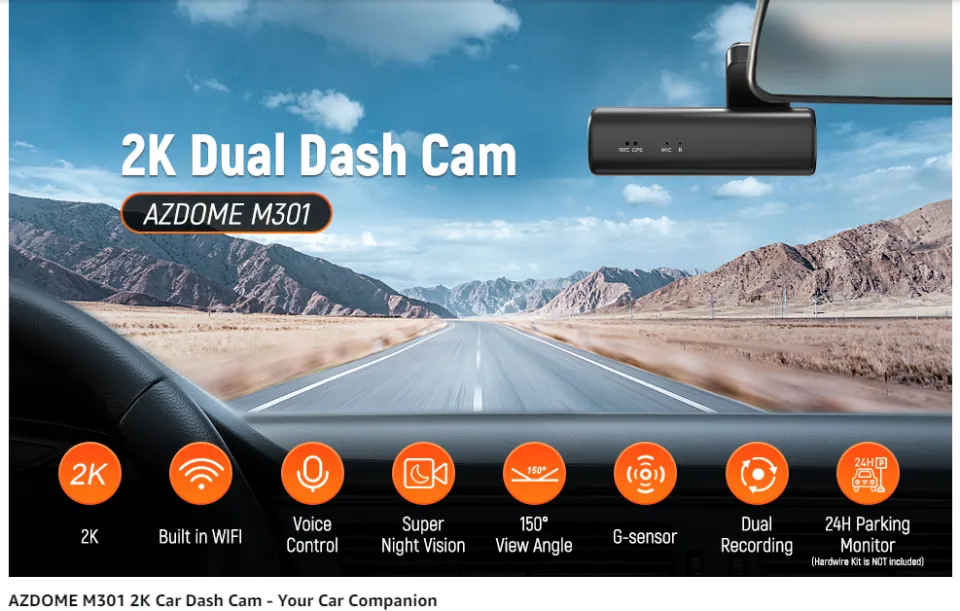 AZDOME M301 2K Dual Dashcams Dash Cam Front and Rear Built In WiFi