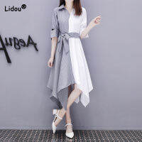 Women Turn-down Collar Belt A-line Skirt Young Style Elegant Solid Color Empire Chiffon Dress Summer Patchwork Simple Clothing