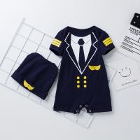 2PCS Infant Boys Jumpsuit Hat Outfits Newborn Pilot Bodysuits Costumes Gifts Spring Summer Birthday Cotton Romper Set 0-24M