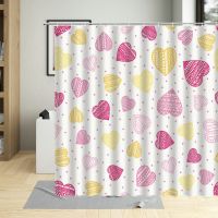 Valentines Day Love Heart Shower Curtain Pink Yellow White Pattern Watercolor Painting Bathroom Decorate Polyester Curtains Set