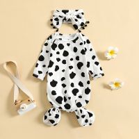 Infant Baby Girls Sleeping Bag Cow Pattern/Floral Print Round Neck Long Sleeve Swaddle Wearable Sleeper Blankets with Headband