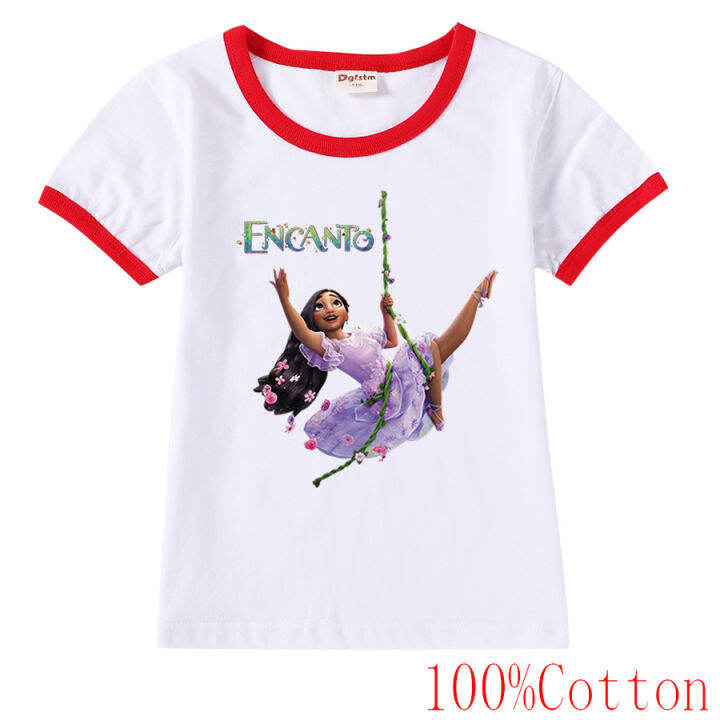 encanto-เสื้อยืดแขนสั้นเด็กผู้ชายเด็กผู้หญิง-เสื้อคอกลมลายการ์ตูนทรงหลวมเสื้อผ้าเด็กฤดูร้อนปี8813เสื้อยืดพิมพ์ลายเข้าได้กับทุกชุด