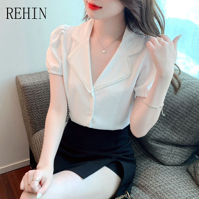 REHIN เสื้อเชิ้ตแขนสั้นผู้หญิง,เสื้อสไตล์เกาหลีแบบใหม่แฟชั่นคอปกสง่างามฤดูร้อน