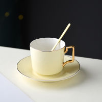 Classic Ceramic Coffee Cups Mugs Porcelain Round Tea Drinkware Spoon Saucer Set Golden Edges and Handles Creative Design