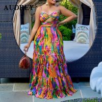 【YF】 Elegant Sling Plus Size Dress Sexy Printing Fashion Backless Boho Beach Mixi Robe Femme Ete Leisure Vacation Vestidos