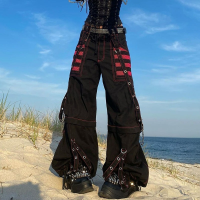 Dark Retro Gothic Oversized Wide Leg Pants Womens Y2K Street Chain Stacker Pants Striped Mesh Panel Loose Casual Cargo Pants