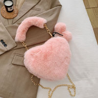 【CW】Womens Furry Purse Heart Shaped Fluffy Faux Fur Handbag For Women Soft Small Shoulder Bag Clutch Purse