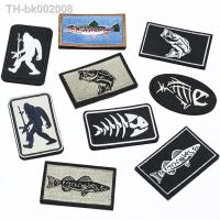 ♙▦● Fishbone Embroidery Patch Hook Loop Rectangular fish Badge Armband Orangutan Chest strip Stick on Caps Jacket Backpack Hook Loop