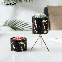 Ins Marble Gold Pattern Succulent Round Pot Iron Ceramic Flowerpot Makeup Pen Holder Simulation Flower Hydroponic Container Set