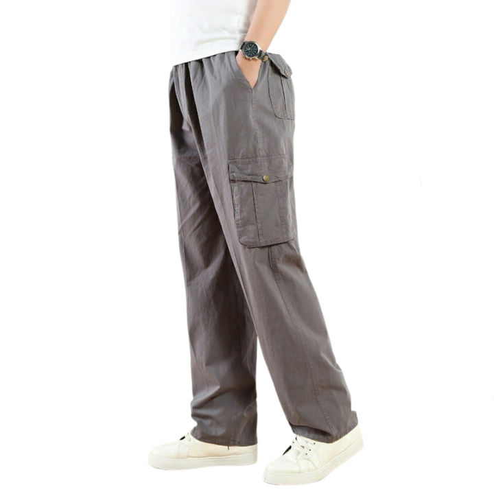 กางเกงขายาวทรงหลวมสำหรับผู้ชาย-กางเกงคาร์โก้ลำลองทุกวัน-ชุดหลวมหลายกระเป๋าสีทึบของผู้ชาย-กางเกงผ้าฝ้ายขายาว-กางเกงทำงานไซต์ก่อสร้าง-ชุดหลวมไม่ยืด-ออกแบบตกแต่งพร้อมช่องใส่ของหลายช่อง-กางเกงทำงานที่ทนต่