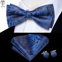 Hi-Tie Sky Navy Royal Blue Silk Mens Bow Tie Hanky Cufflinks Set Pre-tied Butterfly Knot Adjustable Bowtie Male Wedding Business Ties